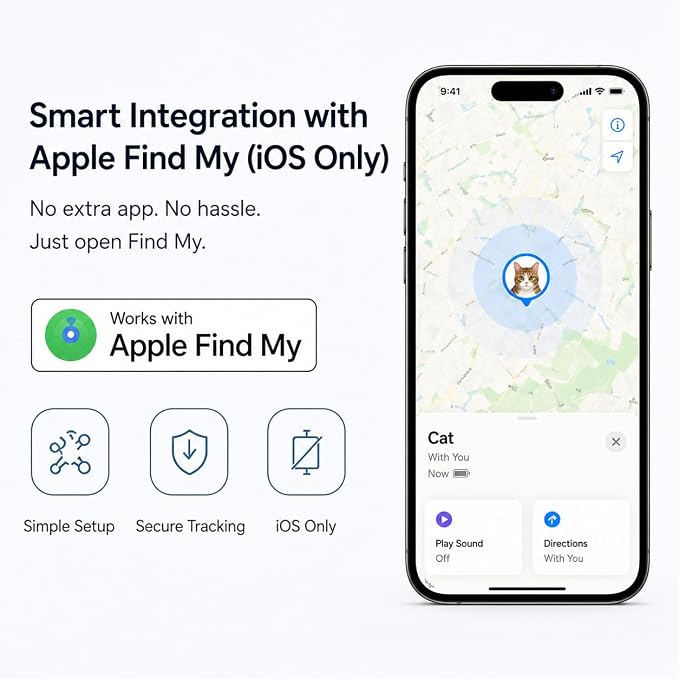 Pet Tracker,GPS Collar for Cats,Smart tag,Waterproof Compatible with Find My,No Monthly Fee,Advanced Tracking Solution Smart Collar for Pet Safety Ideal Small Large Cats(iOS User)