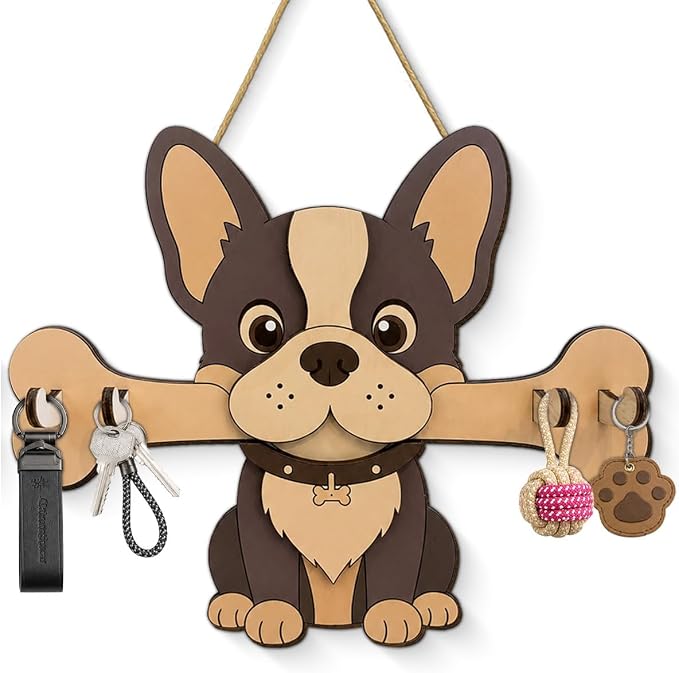 Dog Leash Holder for Wall, Cute Key Holder Wall Mount with 4 Keys Hooks, Dog Wooden Key Hooks for Collars, Entryway Garage Living Room Kitchen Mudroom