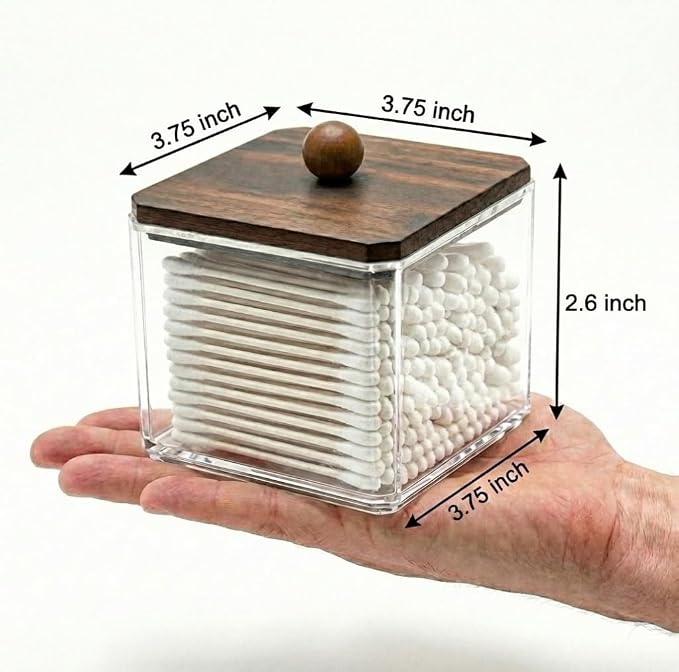 SheeChung 2 Pack Square Acrylic Qtip Holder with Walnut Wood Lid | Qtip Holder for Bathroom,Clear Apothecary Jar for Cotton Balls, Pads, Flossers, Farmhouse Vanity Storage Organizer