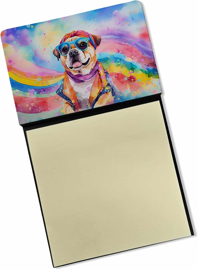 Caroline's Treasures Pug Hippie Dawg Sticky Note Holder Refillable Dispenser Self-Sticky Note Pads, Memo Pads Blank Desk Accessories