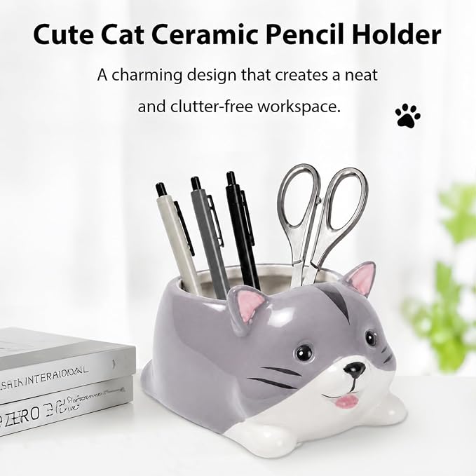 Ceramic Cat Shaped Pen Pencil Holder for Desk Decoration Accessories Cat Decor Makeup Brush Pen Cups Office School Ideal Gifts for Women, Mom or Birthdays