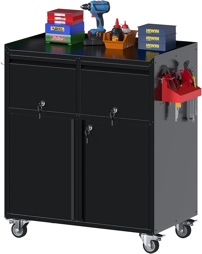 Metal Tool Cabinet with 2 Drawers, Adjustable Shelf & Wheels, Black | Rolling Garage Storage Cabinet with 2 Doors for Tools and Workshop