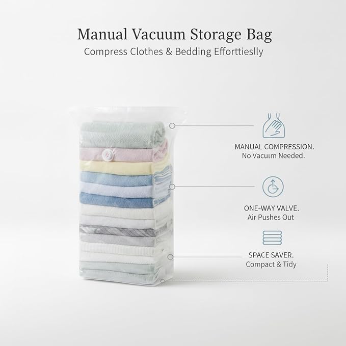 Manual Press Vacuum Storage Bag for Clothes & Bedding, Space Saver Bag with One-Way Valve, No Pump Needed (1 Pack)