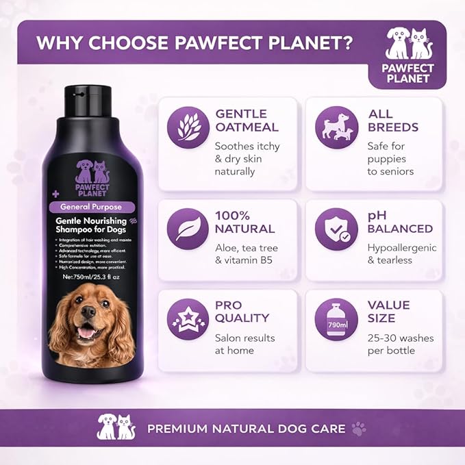 Dog Shampoo Oatmeal Aloe Vera - Gentle Nourishing Formula for Itchy Skin Relief - Natural Puppy Shampoo for Sensitive Skin Allergies - pH Balanced Pet Wash All Breeds 750ml
