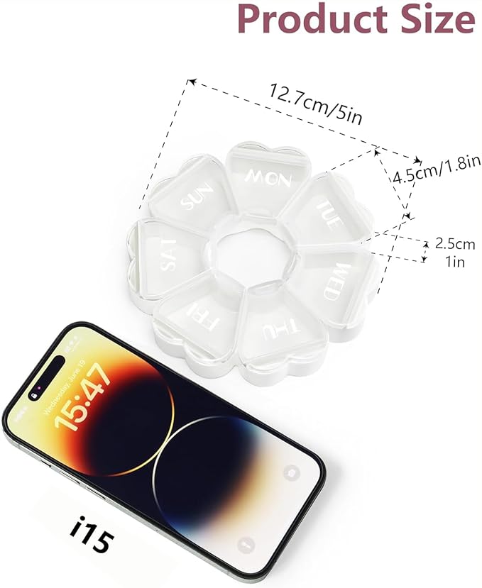 MOLN HYMY Large Weekly Pill Box 7 Day, Cute Pill Case Organizer 1 time a Day, Floral Pill Container Once Daily, Pretty Medicine Dispenser for Vitamin/Fish Oil/Medication/Supplements (Clear White)