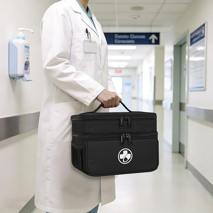 Dual Layers Medicine Organizer, Lockable Travel Pill Bag, Black | Adjustable dividers for neat pill organization. Durable zippers & portable design suit daily use, travel or first aid kit