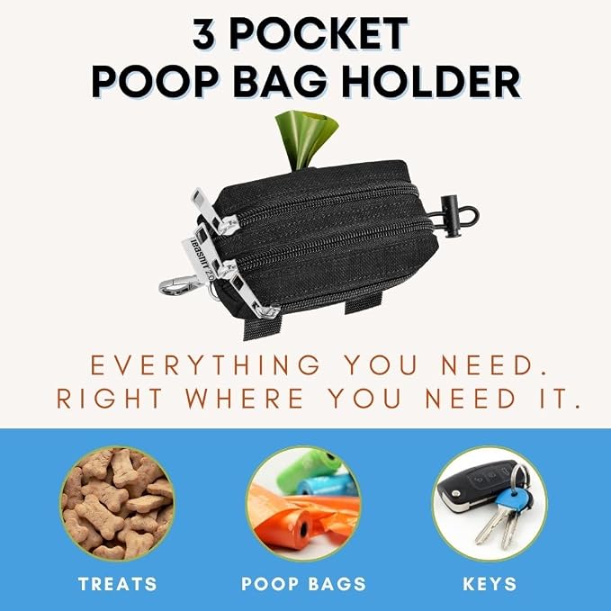 Dog Poop Bag Holder for Leashes and Treat Holder with 3 Waterproof Pouches | Poop Bag Dispenser for Pet Waste Bags and Walking Accessories + 1 Free Roll