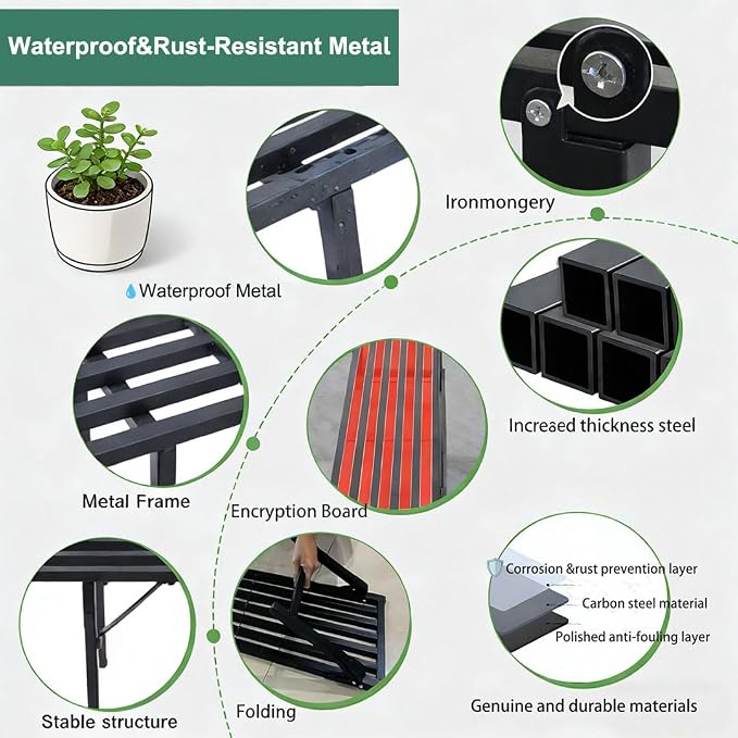 Foldable Plant Stand, No Assembly Heavy Duty Iron Plant Shelf, Rustproof Single Tier Plant Rack for Indoor Outdoor, Long Narrow Flower Stand for Patio Balcony Garden Living Room, L33" xH11.7"x W9.7"