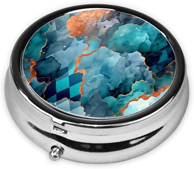 Luxury Watercolor Marble Blue Crackle Portable Pill Organizer | 3 Compartment, With Mirror, For Men Women, For Daily Supplements, Vitamins, Fish Oil, Jewelry, Candy, Travel