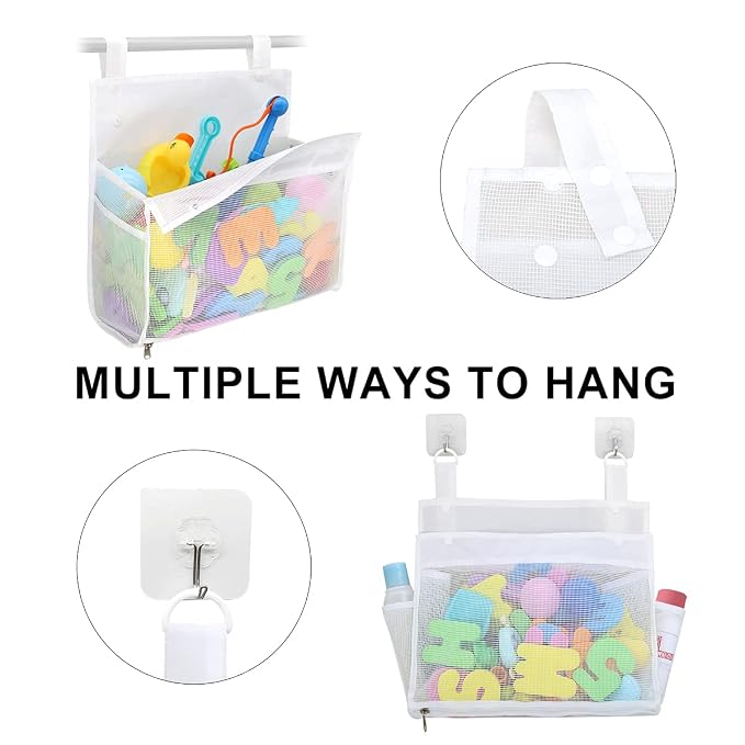 Muchfun Bath Toy Organizer Multiple Ways to Hang | Extra Large Opening Bathroom Toy Holder, Bottom Zipper Bathtub Toy Storage Bag (White)