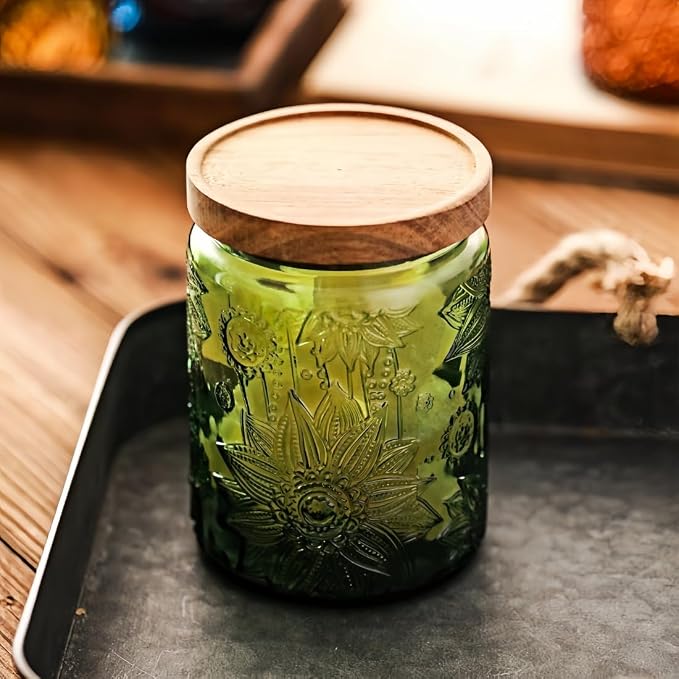 2 Pack Vintage Glass Storage Jars, 23.7 oz Green & Blue Sunflower Canisters | Airtight lids, kitchen organization, coffee beans, tea, sugar, candy, oatmeal, flour, cookies, pet treats, laundry detergent