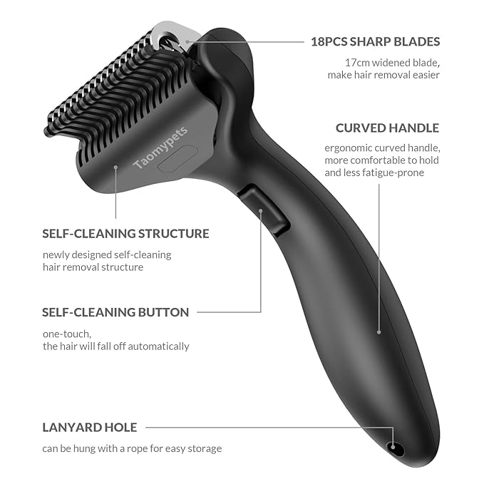 Self Cleaning Grooming Rake Brush for Shedding Gently Removes Loose Undercoat Mats Tangled Deshedding Grooming Tool for Dogs Cats Extra Wide (Black)