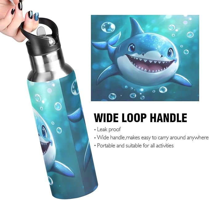 Cute Blue Shark Bubbles Water Bottle with Straw Lid Kids Insulated Stainless Steel Water Flask Sports, 20 Oz Hot Cold