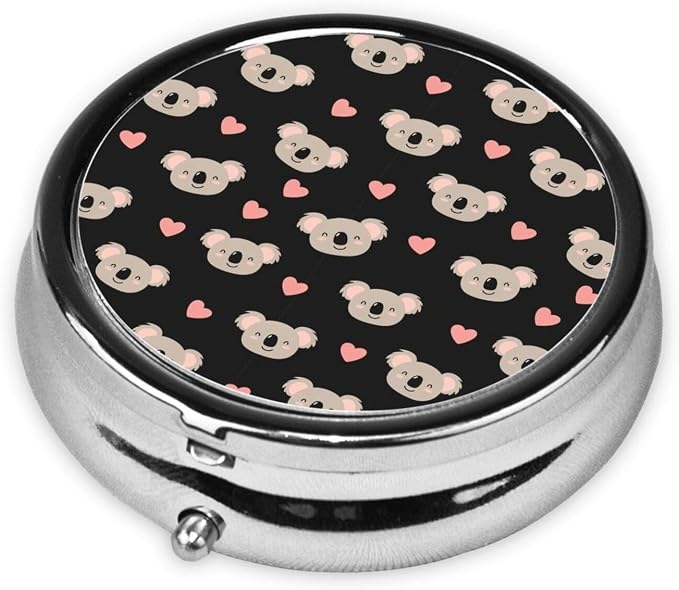 Travel Pill Container, Cute Koalas and Pink Hearts Round Metal Organizer, 3-Section Case for Medicine, Pocket Purse Dispenser for Business Travel