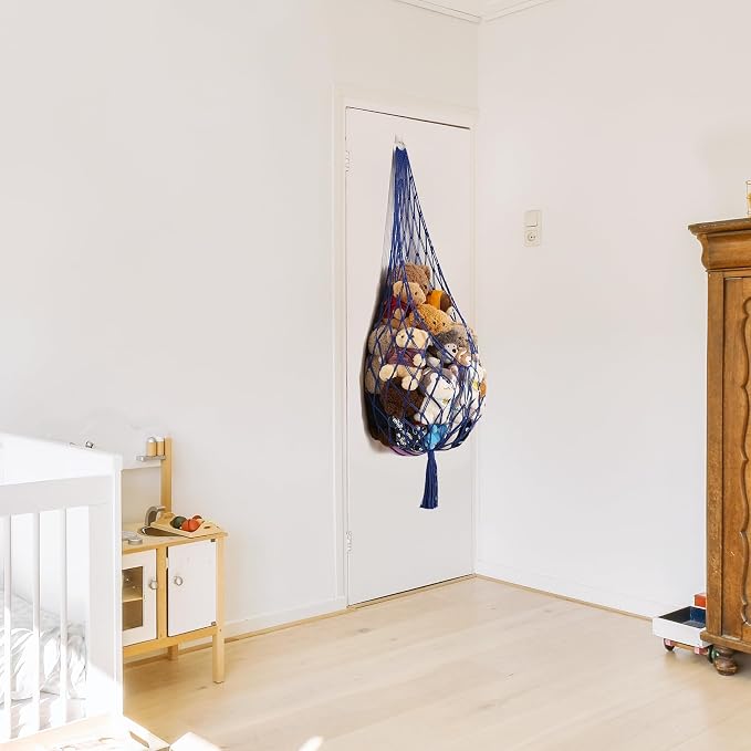 Amdermi Stuffed Animal Storage Toy Hammock Corner Hanging Net for Stuff Animal Storage Macrame Toy Display Plushie Toy Holder-Wall Hanging Net for Kid Bedroom Decor Playroom Organizer (Blue)