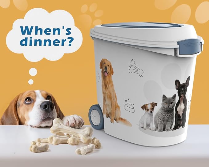 DRATO Pet Food Storage Container with Wheels 30LB Capacity | Resin, Slow Feeder Bowl and Scoop, Easy to Move, Keep Food Fresh, For Dogs, Cats, Birds