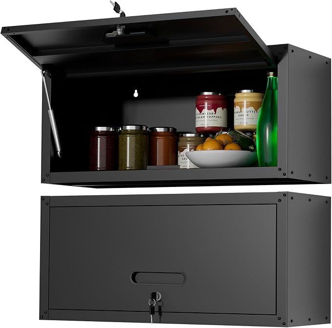Metal Wall Cabinet,Wall Mounted Garage Cabinets with Lockable Up-Flip Door,Black Hanging Storage Cabinet 130 lbs Capacity,Floating Cabinet for Tool Organization in Basement,Workshop,Kitchen