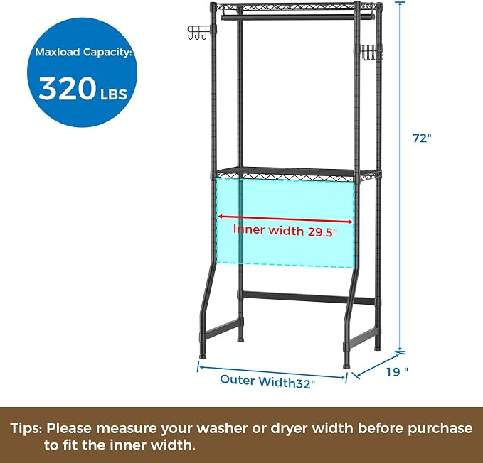 Golpart Laundry Organizer Shelves Over the Washer and Dryer Storage Shelf | Heavy Duty Laundry Room Organization Clothes Drying Rack Adjustable Height Wire Shelving and Wire Basket with Hanger Rod