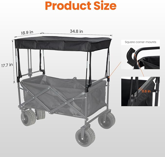 Black Removable Wagon Canopy Attachment with Rods, Foldable Sun Shade Cover | for Collapsible Beach Utility Carts, Folding Wagons, Outdoor Picnic Trolleys