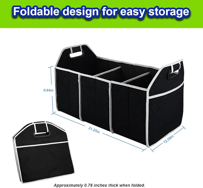 8sanlione Car Trunk Organizer, 3 Compartments, Foldable Storage Bag, Black2 | For sedans, SUVs, vans, woven fabric shell, side grips, light-item sorting, wipe-clean care, automotive interior accessories