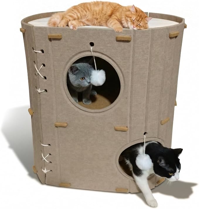 Cat House for Indoor Cats - 2 Storey Foldable Cat Bed Cave with Scratch-Resistant Felt Cats Tunnel Bed Condo & Hanging Fluffy Ball|Cozy Spacious Hideaway for Multi-Cats| Durable & Easy to Store, Cream
