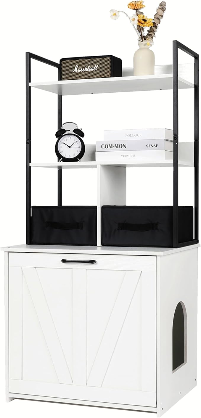 Dwanton Cat Litter Box Enclosure, 2 Storage Shelves and 2 Drawers, 50" H | 2-in-1 Hidden Cat Litter Box Enclosure Furniture with Shelf, Metal Frame, Reversible Entrance, Washable Drawers, White