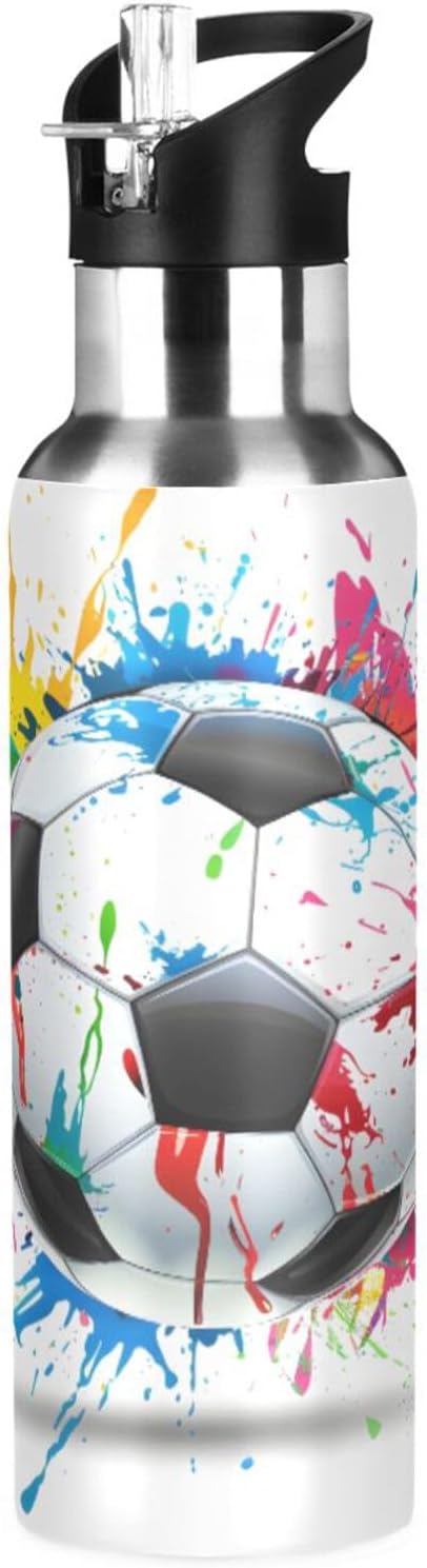 Soccer Ball Colorful Water Bottle with Straw Lid Kids Insulated Stainless Steel Water Flask Sports, 20 Oz Hot Cold
