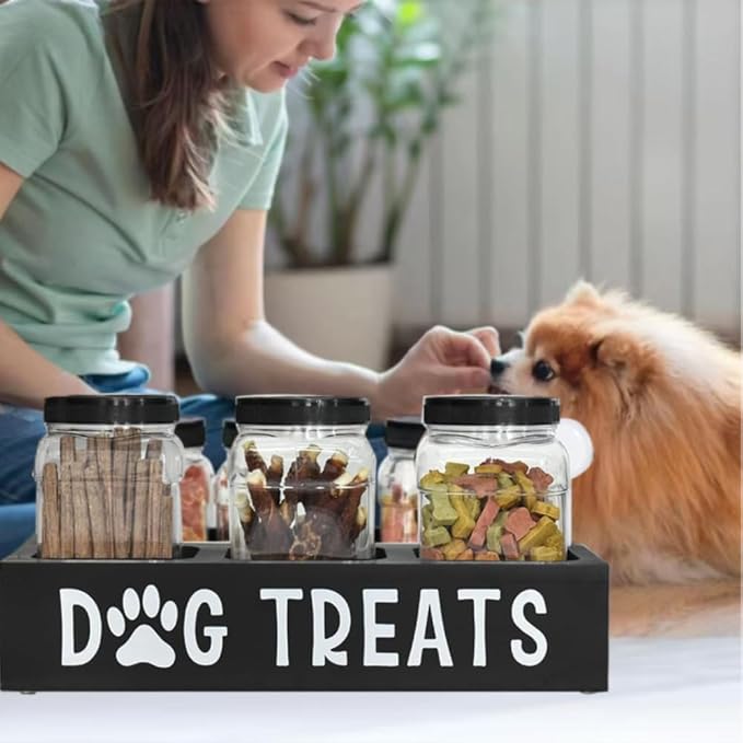 Pet Food Storage Canister with 3 Jars for Kitchen Countertop | Works as dog treat container, ideal for puppy use, sleek black appearance for home kitchen storage