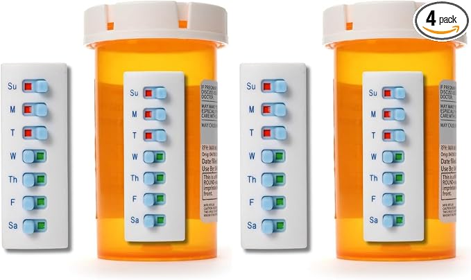 TAKE-N-SLIDE Peel and Stick Reusable for 12 + Refills, Pill/Medication/Vitamin/Pet Med Tracker & Reminder, Attach to Your Bottle, Organizer-Free, Curved‑Back (White, 4-Pack)