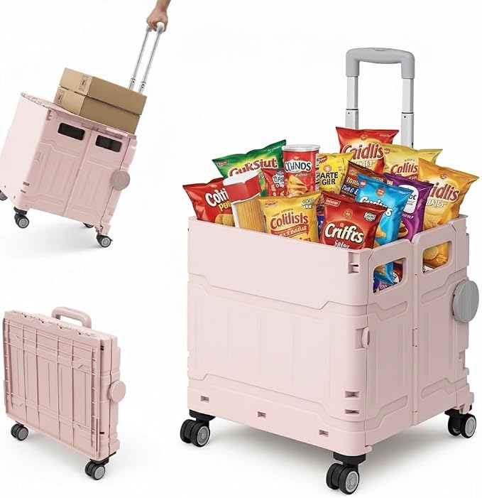 Foldable Utility Cart, Portable Rolling Crate with 360° Rotating Wheels, Detachable Lid,Telescoping Handle, Collapsible Trolley for Travel, Office, Grocery, and Storage (Extra Large Pink)