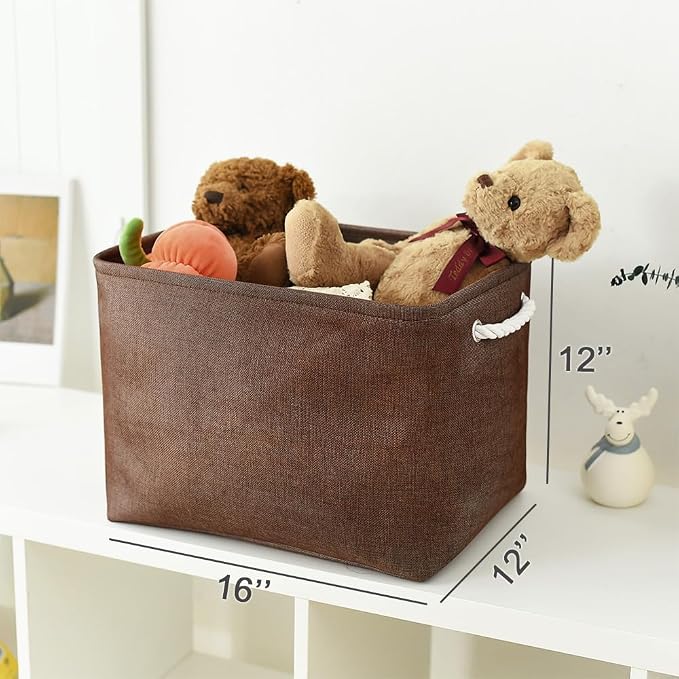 Organization and Storage Basket for Shelves - 3 Pack 16x12x12 inch Fabric Storage Cubes, Cube Storage Bin for Organizing Closet Cloth Organizer Gift Toy (White & Brown)