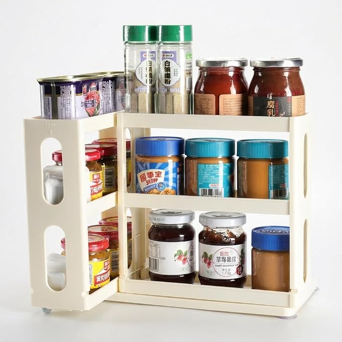 Dutiplus Spice Rack Organizer 3 tier Seasoning Holder, Pull and Rotated Storage Cabinet for Kitchen Bathroom Countertop 9”H x 5.8”W x 10.4”D (Natural White)
