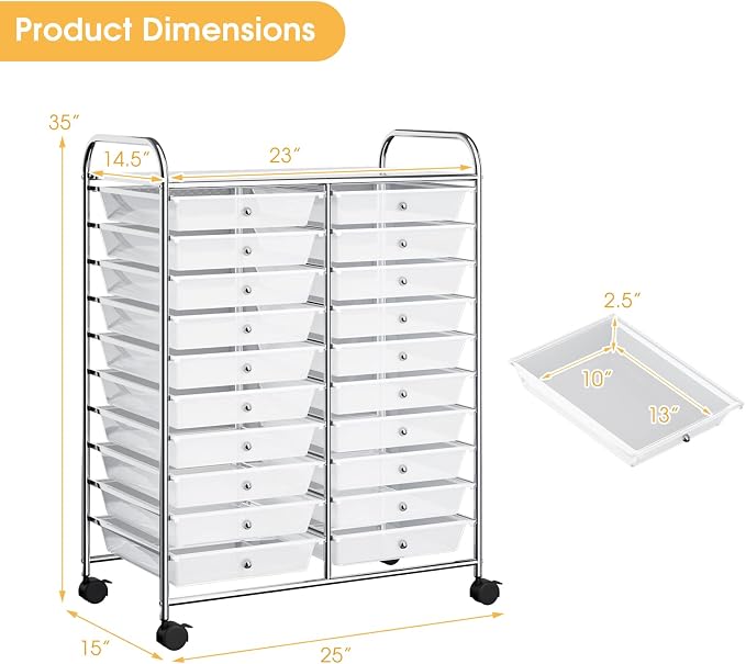 20 Drawer Rolling Storage Cart, Art Cart Organizer with Wheels for Makeup, Tool, Paper, Multipurpose Craft Storage Cart with Drawers for Office, Home, Classroom, Teacher, School (Clear)
