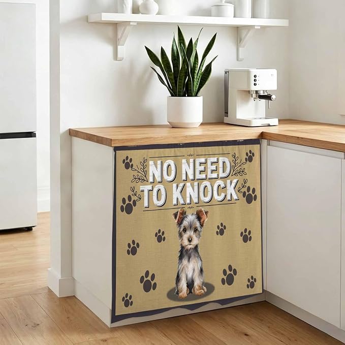 NO Need to Knock Cabinet Dishwasher Hidden Curtains, Privacy Closet Door Curtain, Terrier Puppy Paw Prints Pet Lover Farmhouse Adhesive Dust Proof Under Sink Skirt for Bathroom Kitchen 35"x35"