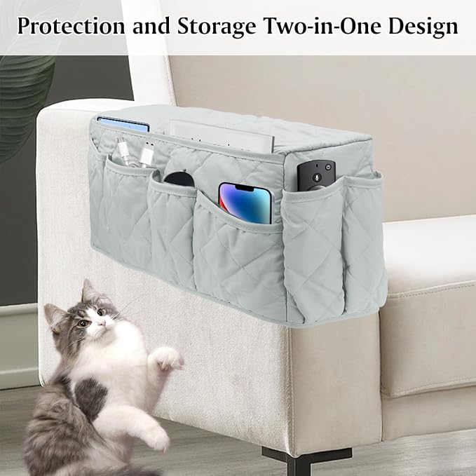 Remote Control Holder, Non Slip Bedside Armchair Caddy, Recliner Arm Caddy Armrest Organizer with 14 Pockets for Cell Phone TV Remote Control Magazines, Light Gray