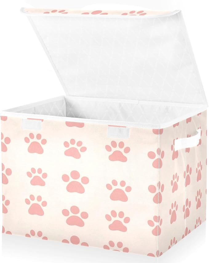 Kigai Paws Cat Dog Storage Bins with Lids, Fabric Organizer Box with Flip-Top & Handles, Foldable, Stackable Collapsible Container for Closet, Home, Bedroom