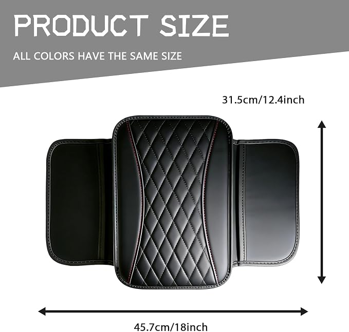 Leather Car Center Console Cover with Side Storage Pockets, Waterproof Armrest Cushion Protector Organizer for Vehicles SUVs, Interior Accessories, Car Decorations Stylish Arm Rest Pad (Black)