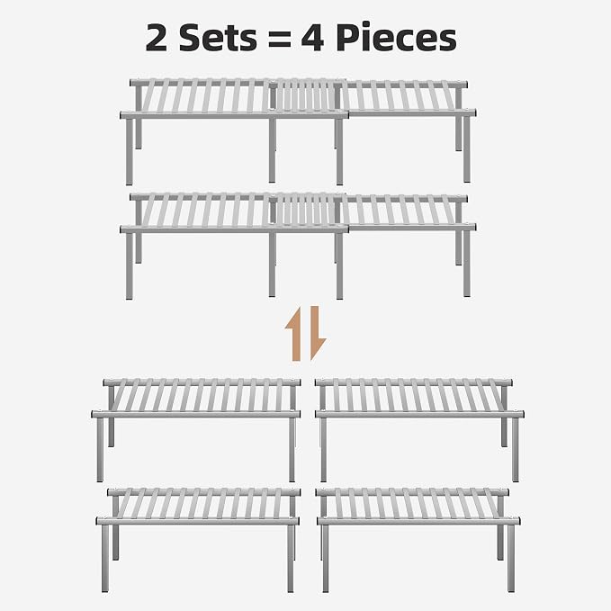 STORAGE MANIAC Expandable Cabinet Organizer Shelf, Set of 4, Gray | 15.8 inches Expandable, Stackable Wire Shelf, Spice Rack, Metal Pantry Storage for Plate Dish, Kitchen Counter Shelves