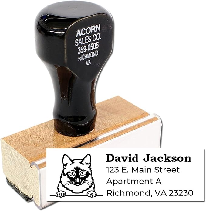 Peeking Mekong Bobtail Cat Wood Handle Address Stamp - Personalized Stamp | Return Address Stamp for Mekong Bobtail Cat Lovers. Envelope Stamp for Cat Lovers Custom Made. 4 lines of custom text.