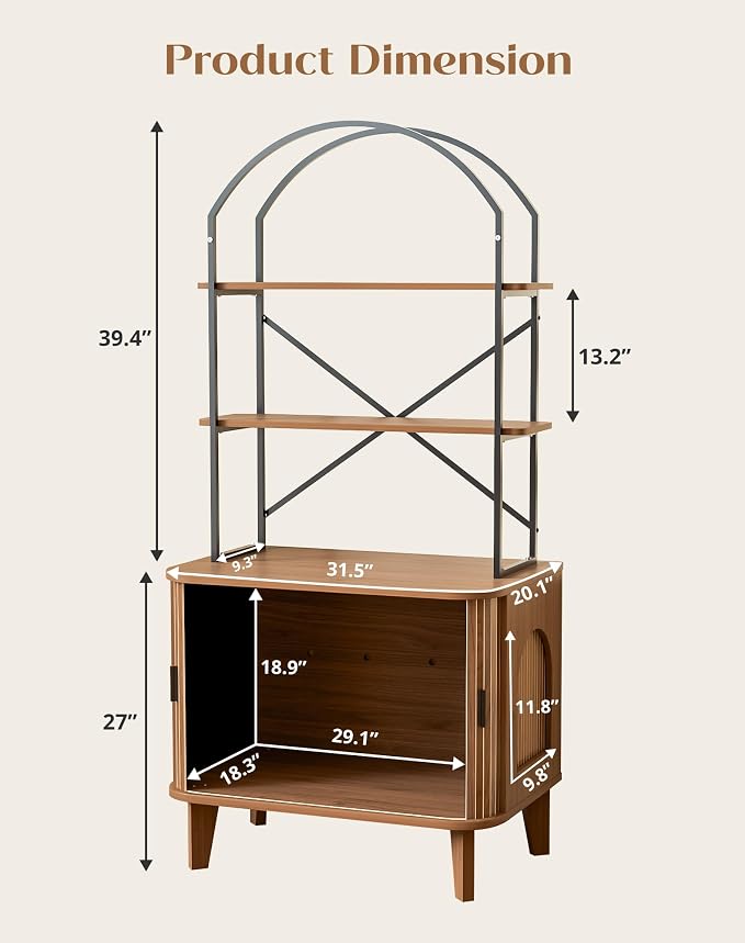 66" Cat Litter Box Enclosure,Hidden Litter Box Furniture with Shelves,Wooden Cat Washroom and Pet House with Sliding Tambour Door for Living Room,Walnut