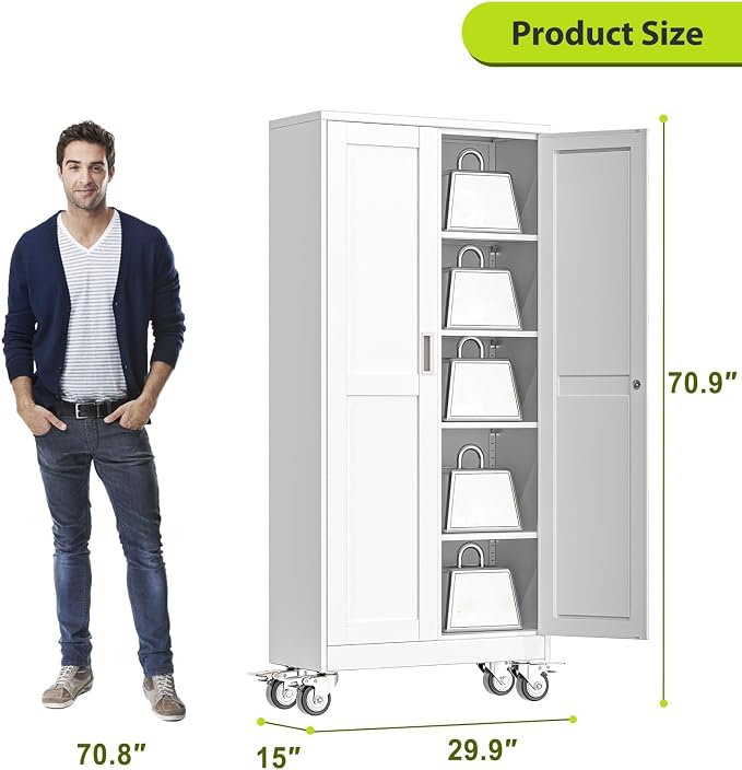 71-Inch Metal Garage Storage Cabinet with Wheels, Locking Doors and Shelves | 4 Adjustable Shelves, Locking Doors, Magnetic Closure, 360° Casters, Anti-Tip Kit, Cold-Rolled Steel