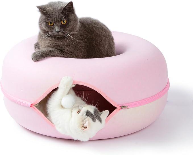 Peekaboo Cat Tunnel for Large Cats up to 30 lbs, Features A Jingle Ball, Removable and Washable Tunnel Bed, and a Cozy Donut Tunnel (Pink, 24 Inches)