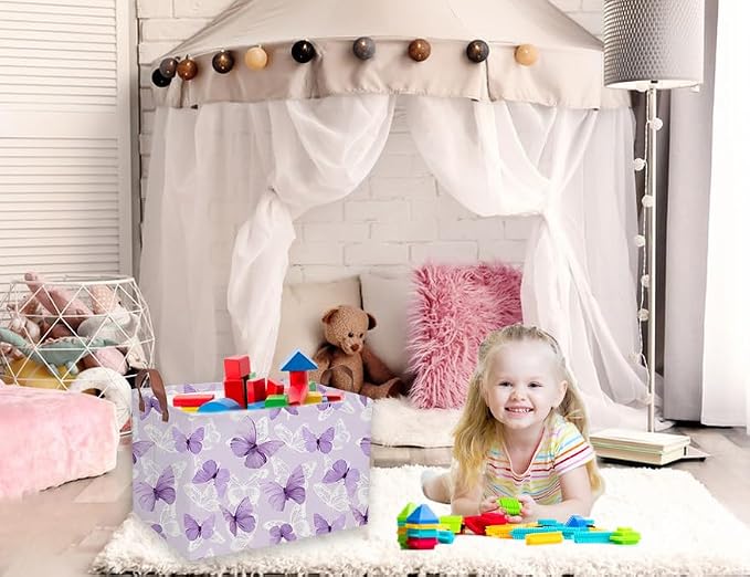Sanjiaofeng Rectangular Kids Basket Butterfly Storage Bins,Girls Storage Basket with Handles.Clothers,Toys,Books,Kid's Gifts Bins. (Purple Butterfly)