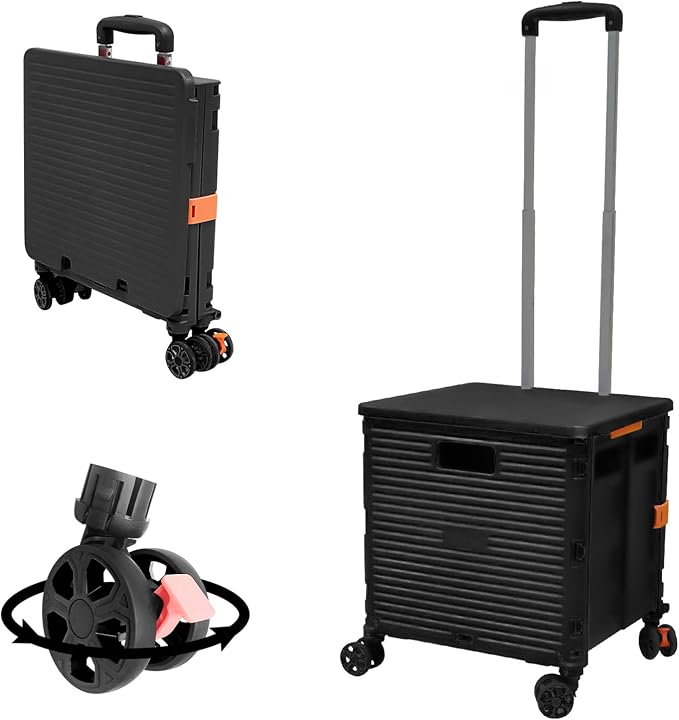 FELICON SELORSS Foldable Utility Cart Folding Portable Rolling Crate-Black | Durable,Heavy Duty,Plastic Box,Telescoping Handle,4 Rotate Wheels,Collapsible Handcart for Travel Shop Move Luggage Office