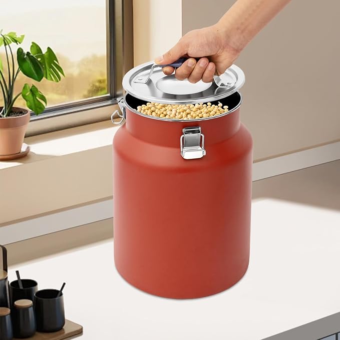 12L Stainless Steel Rice Storage Container with Airtight Lid&Handle, Red | Secure 3-Buckle Locking Lid, Portable Handle and Wide Opening, Stores Rice, Flour, Pet Food, Tea, Oil, Milk, Grains