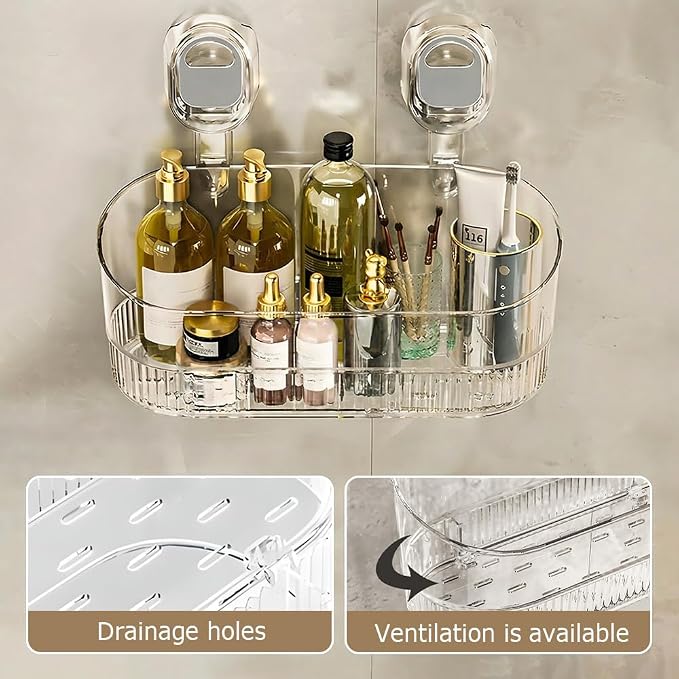 hoehew No-Drill Bathroom Suction Storage Box, Powerful Suction Cup Storage Rack Corrugated Suction Cup Storage Holder Shower Shelf Heavy Duty Shower Kitchen Organizer