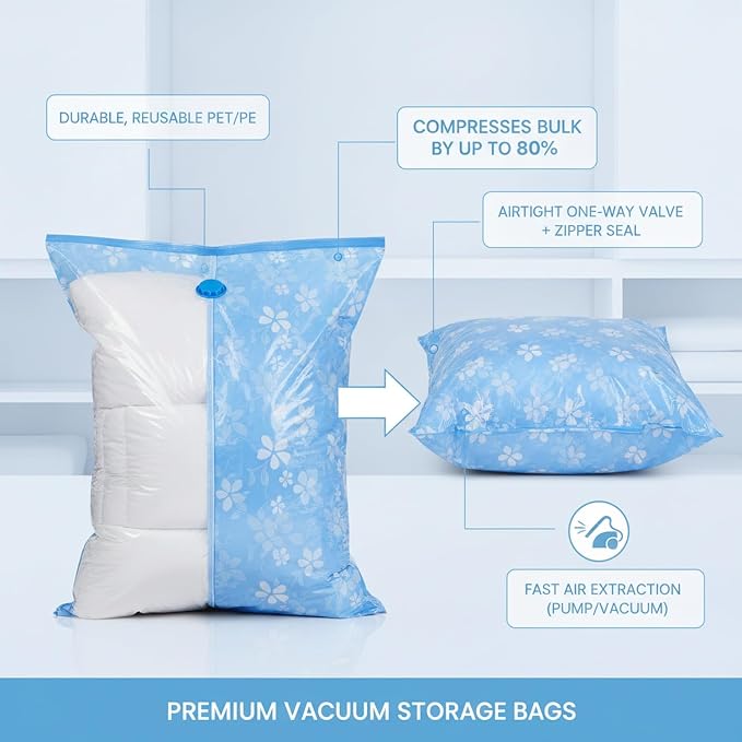 Vacuum Storage Bags, Reusable PET/PE Compression Sacks for Bedding and Clothes, Blue (1 PC)