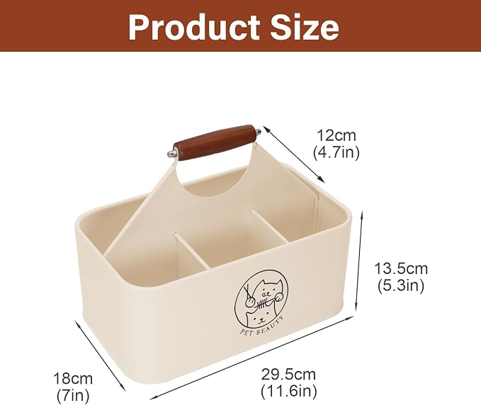 Premium Dog Cat Grooming Organizer 4-Compartment,Metal Caddy for Pet Stuff with Wooden Handle-Powder Coated Storage Bin for Dog Cat Grooming Kit, Nursing Supplies -Cream White