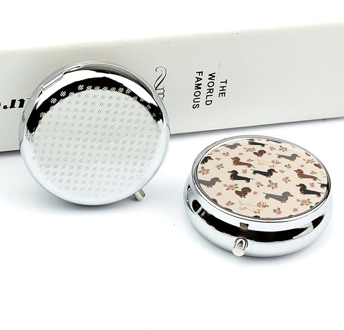 Travel Pill Box, Cute Dachshund Floral Round Portable Organizer, Small Case with Mirror, Pocket Purse Dispenser for Vitamins