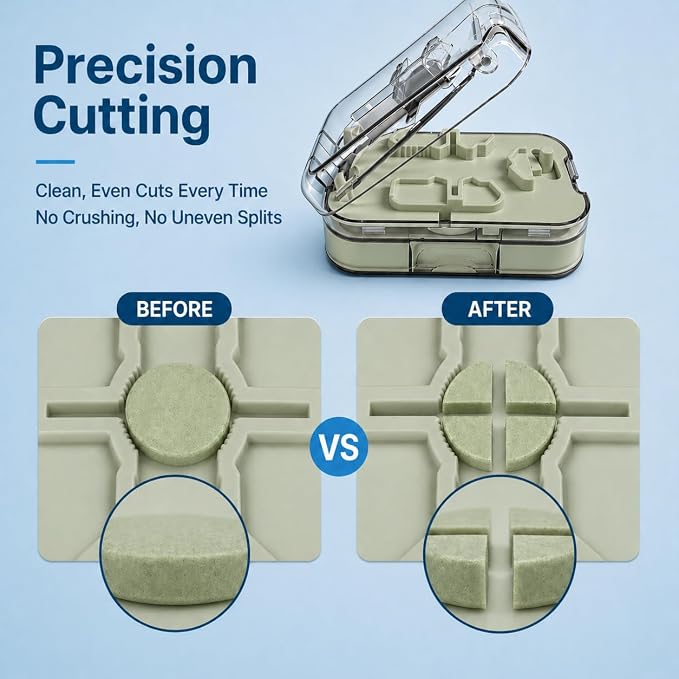 Safe Pill Splitter - Accurate & Even Cut, Hidden Sharp Blade, Easy to Open, Durable Tablet Cutter for Small & Large Pills, Perfect for Travel & Daily Use (Green)
